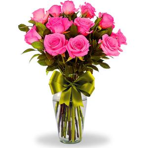 Florero con 12 rosas fiusha
