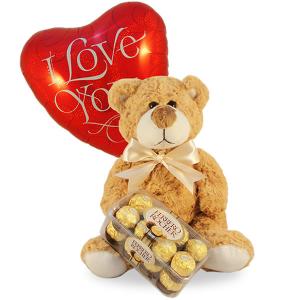 Oso con chocolates y globo de amor