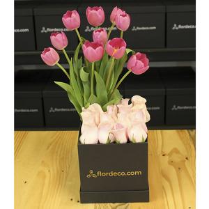 Caja tulipanes y rosas rosa
