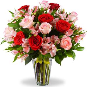 Florero con 12 rosas combinadas y alstromerias