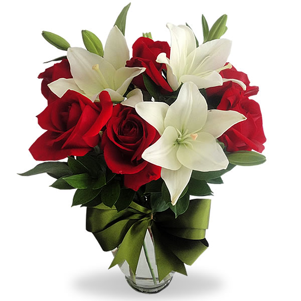 Florero con lilis y 6 rosas rojas 2349