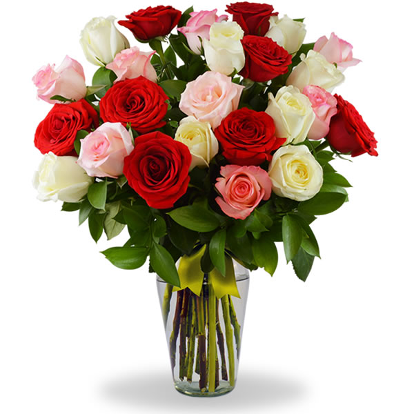 Florero con 24 rosas combinadas en tono blanco, rosa y rojo 2289