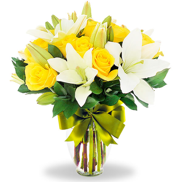 Florero con lilis blancos y 12 rosas amarilla 2354