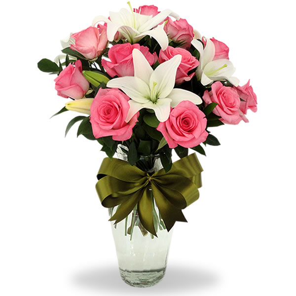 Florero con lilis blancos y 12 rosas rosa 2338