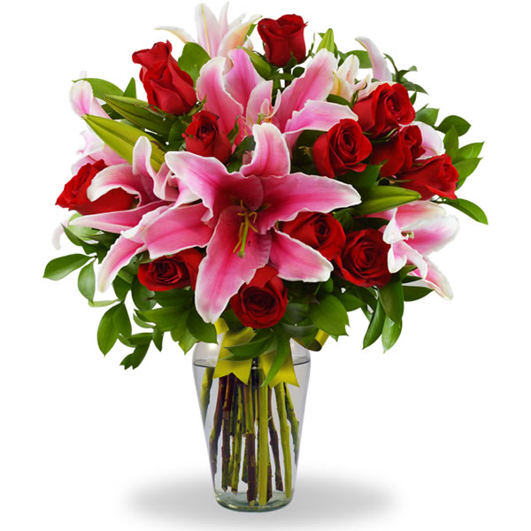 Florero con stargazer y 12 rosas roja 2392
