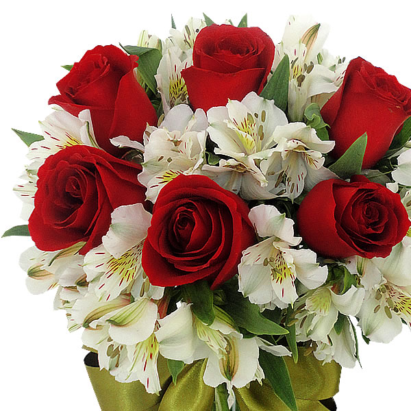 Rosas rojas 6 en florero con alstromerias blancas 2643