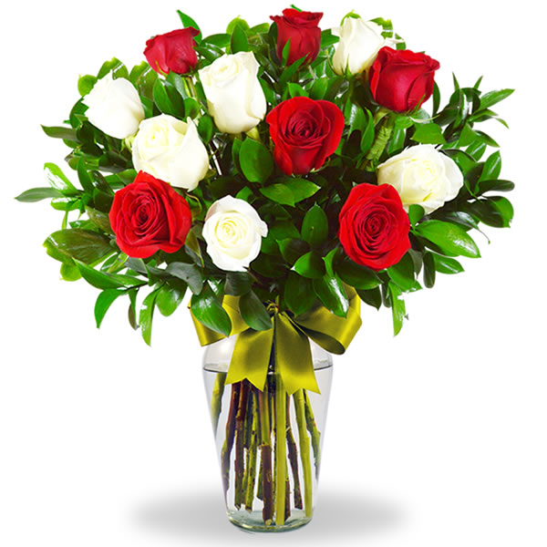 Florero con 12 rosas combinadas en tono blanco y rojo 2549