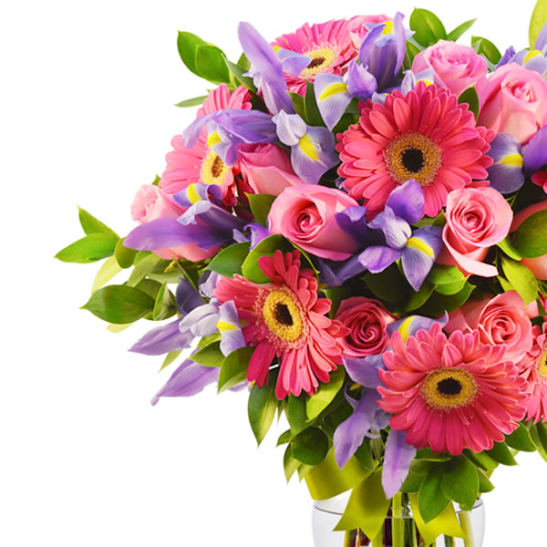 Florero con iris, rosas rosa y gerberas 2555
