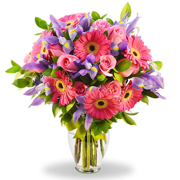 Florero con iris, gerberas y rosas rosa 2553