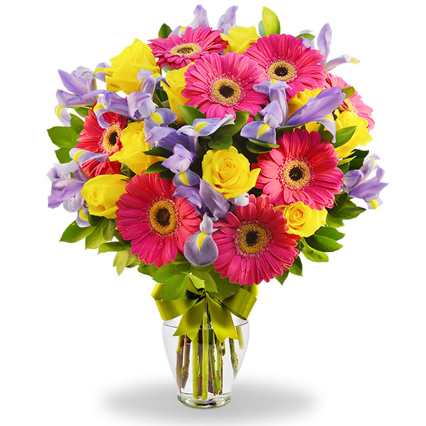 Florero con iris, gerberas y rosas amarilla 2556