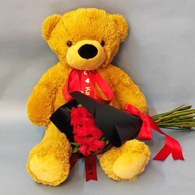 24 Rosas rojas con oso de peluche 75 cm y liston personalizado 3448