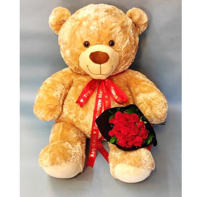 24 Rosas rojas con oso de peluche 1.2 m y liston personalizado 3451