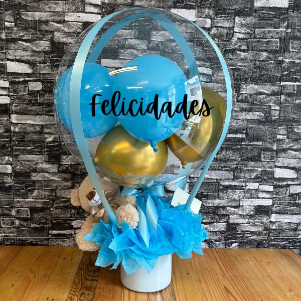 Arreglo de osito y burbuja Felicidades blue 3651