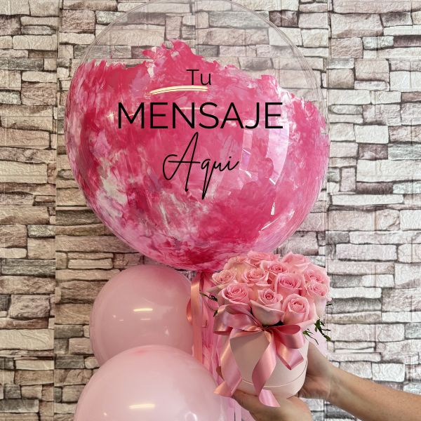 Combo caja con Rosas y Globo burbuja personalizado 4051