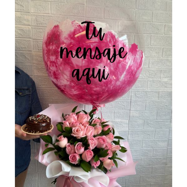 Ramo de rosas rosa con burbuja pink personalizada y pastel 3754